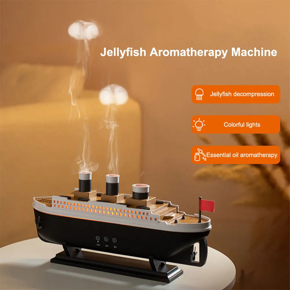 300ml Titanic Ship Model Air Humidifier Essential Oil Diffuser Jellyfish Smoke Ring Spray Aroma Diffuser Night Light for Home - Peaklo Quality