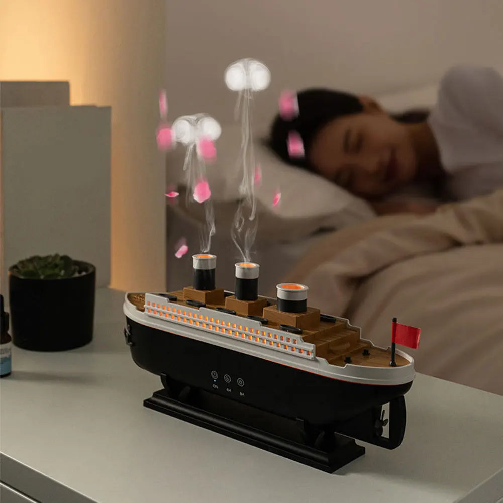 300ml Titanic Ship Model Air Humidifier Essential Oil Diffuser Jellyfish Smoke Ring Spray Aroma Diffuser Night Light for Home - Peaklo Quality