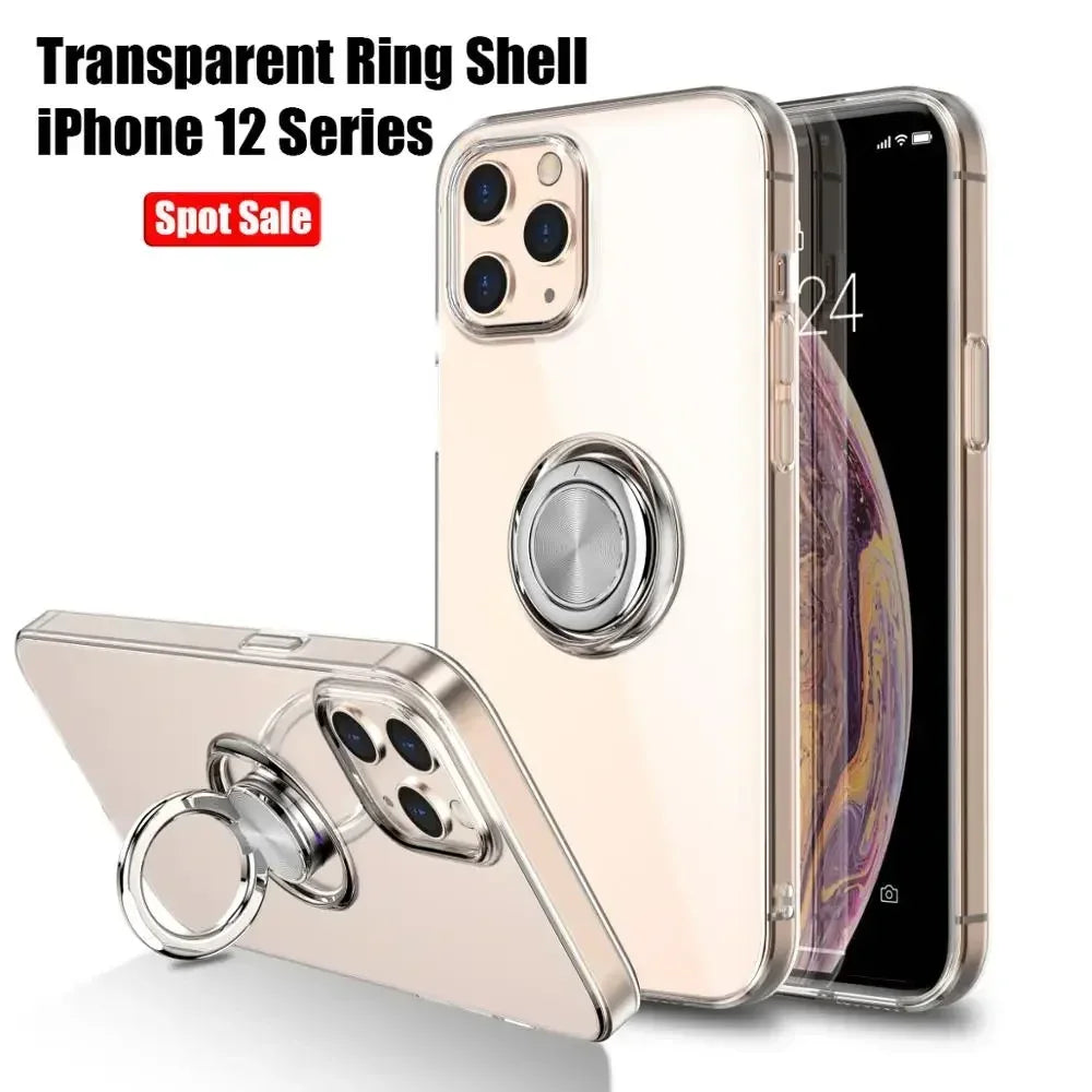 With Ring Stand Soft Transparent Case For iPhone 12 13 14 15 Pro Max Phone Cover For iPhone 7 8 Plus XR XS Max Magnetic Car Case - Peaklo Quality