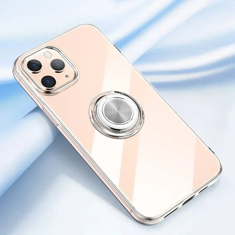 With Ring Stand Soft Transparent Case For iPhone 12 13 14 15 Pro Max Phone Cover For iPhone 7 8 Plus XR XS Max Magnetic Car Case