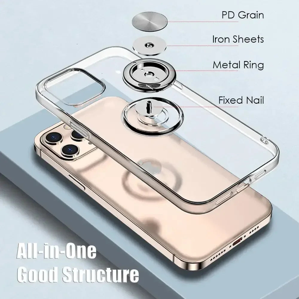 With Ring Stand Soft Transparent Case For iPhone 12 13 14 15 Pro Max Phone Cover For iPhone 7 8 Plus XR XS Max Magnetic Car Case