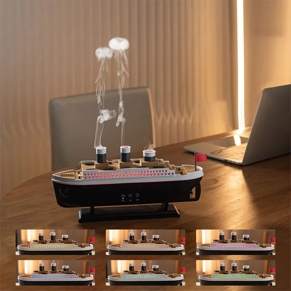 300ml Titanic Ship Model Air Humidifier Essential Oil Diffuser Jellyfish Smoke Ring Spray Aroma Diffuser Night Light for Home