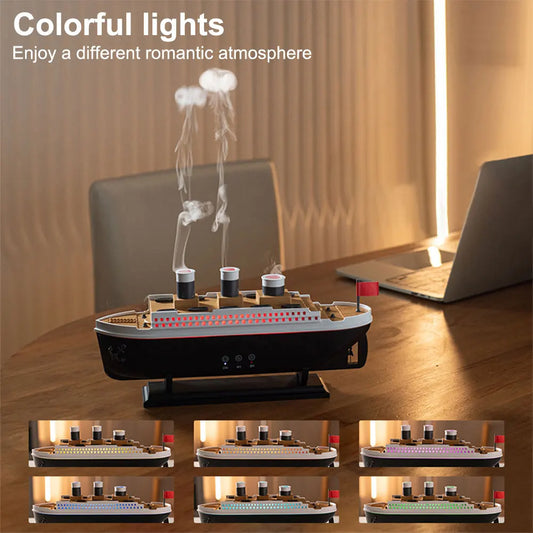 300ml Titanic Ship Model Air Humidifier Essential Oil Diffuser Jellyfish Smoke Ring Spray Aroma Diffuser Night Light for Home